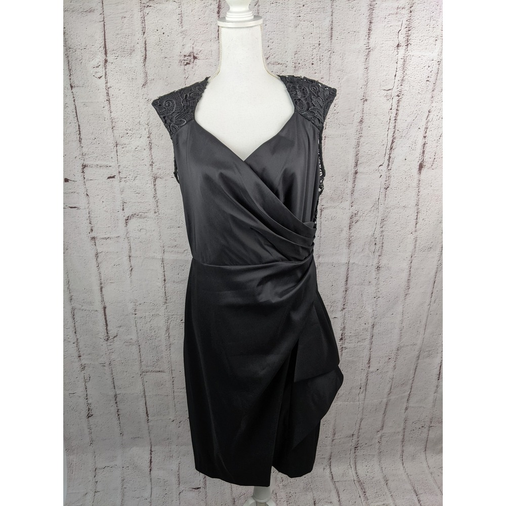 Marina Womens Black Lace Back Cocktail Dress Size 14 Surplice Sheath Evening